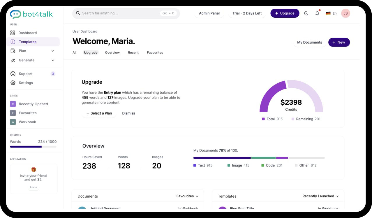 MagicAI Dashboard Mockup